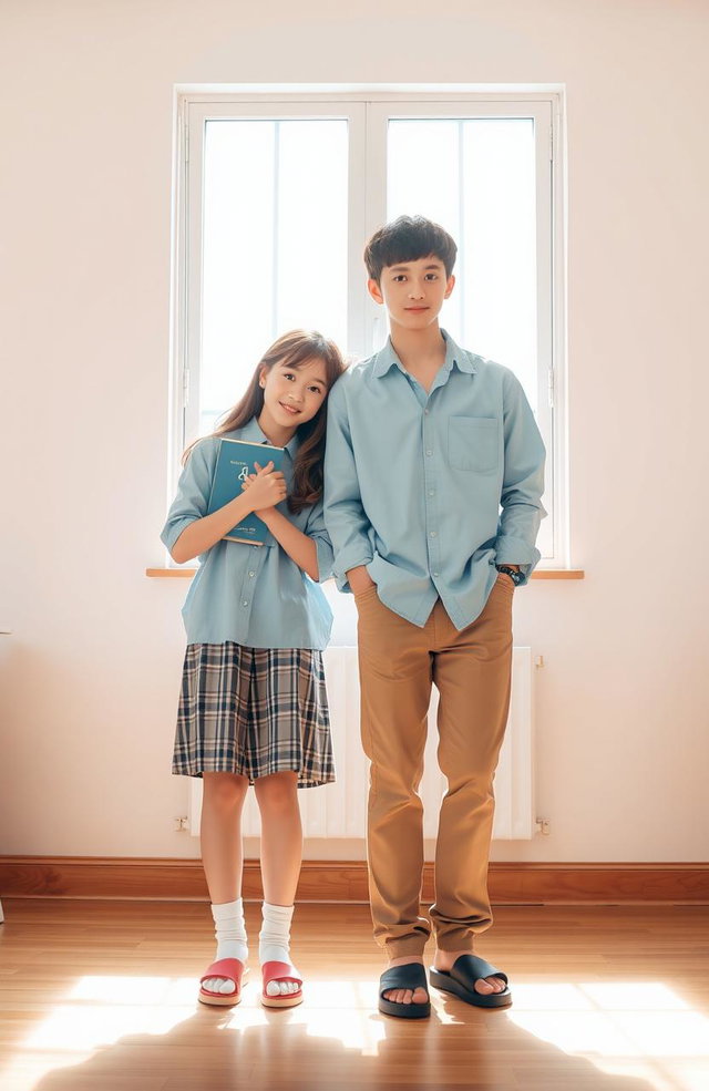 A warmly lit school room with a scene of simple yet meaningful connection between two teenagers