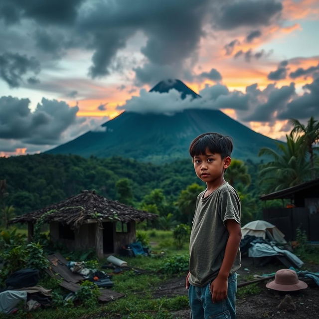 A young boy, around 12 years old, standing on a lush green hillside with a concerned expression, reflecting on a past volcanic eruption of the Mayon volcano