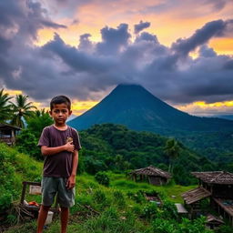 A young boy, around 12 years old, standing on a lush green hillside with a concerned expression, reflecting on a past volcanic eruption of the Mayon volcano