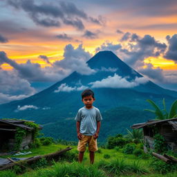 A young boy, around 12 years old, standing on a lush green hillside with a concerned expression, reflecting on a past volcanic eruption of the Mayon volcano