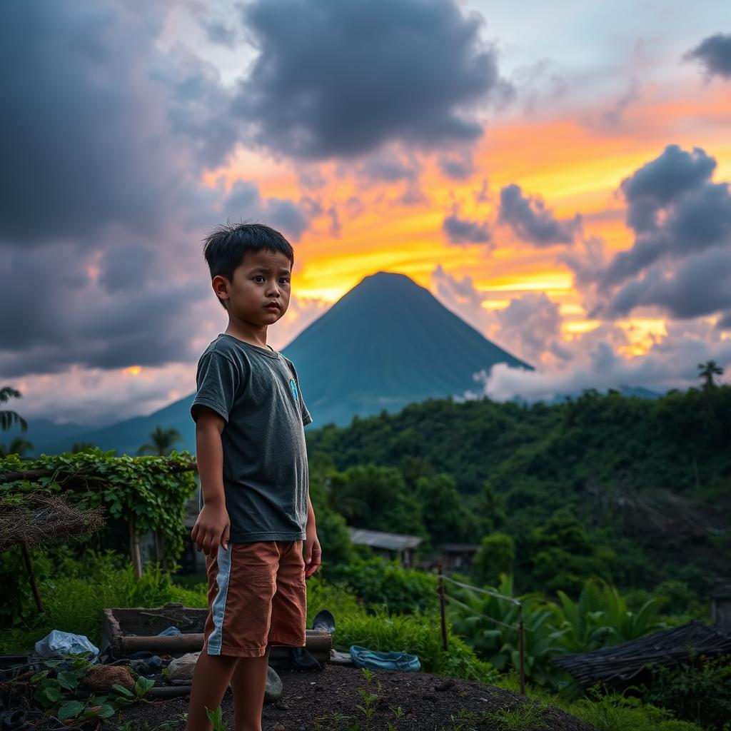 A young boy, around 12 years old, standing on a lush green hillside with a concerned expression, reflecting on a past volcanic eruption of the Mayon volcano