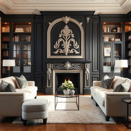 A beautifully designed living room featuring a grand black and white fireplace as the focal point