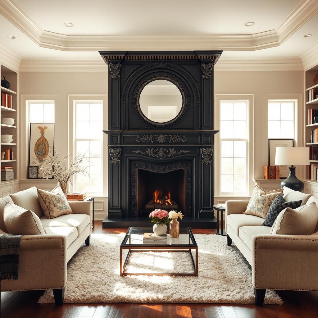 A beautifully designed living room featuring a grand black and white fireplace as the focal point