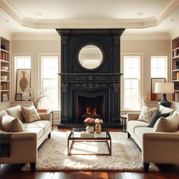 A beautifully designed living room featuring a grand black and white fireplace as the focal point