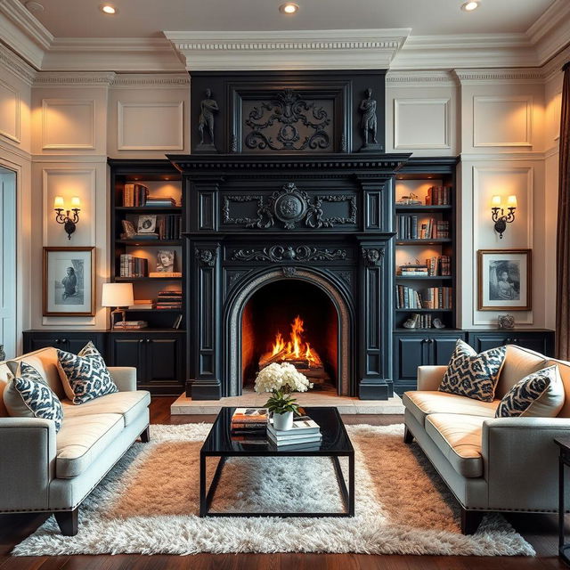 A beautifully designed living room featuring a grand black and white fireplace as the focal point