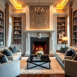 A beautifully designed living room featuring a grand black and white fireplace as the focal point