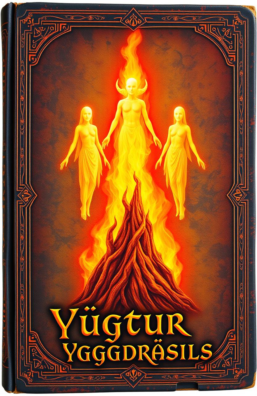 An ancient fantasy book cover, richly adorned with vibrant colors, featuring a central flame with three floating figures shaped like faceless humans made of light