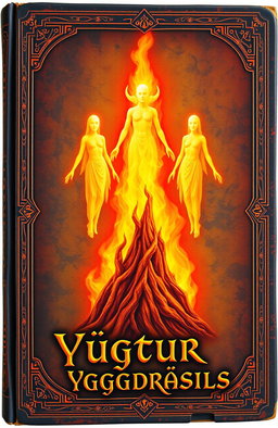 An ancient fantasy book cover, richly adorned with vibrant colors, featuring a central flame with three floating figures shaped like faceless humans made of light