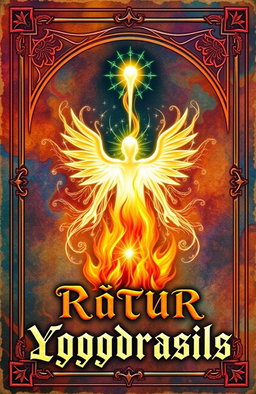An ancient fantasy book cover, richly adorned with vibrant colors, featuring a central flame with three floating figures shaped like faceless humans made of light