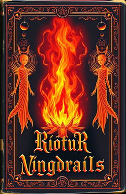 An ancient fantasy book cover, richly adorned with vibrant colors, featuring a central flame with three floating figures shaped like faceless humans made of light