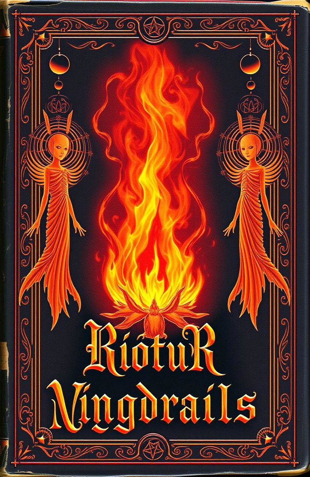 An ancient fantasy book cover, richly adorned with vibrant colors, featuring a central flame with three floating figures shaped like faceless humans made of light
