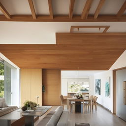 A contemporary styled living room seamlessly transitioning into a dining area and kitchen, decorated with modern furnishings and natural light.