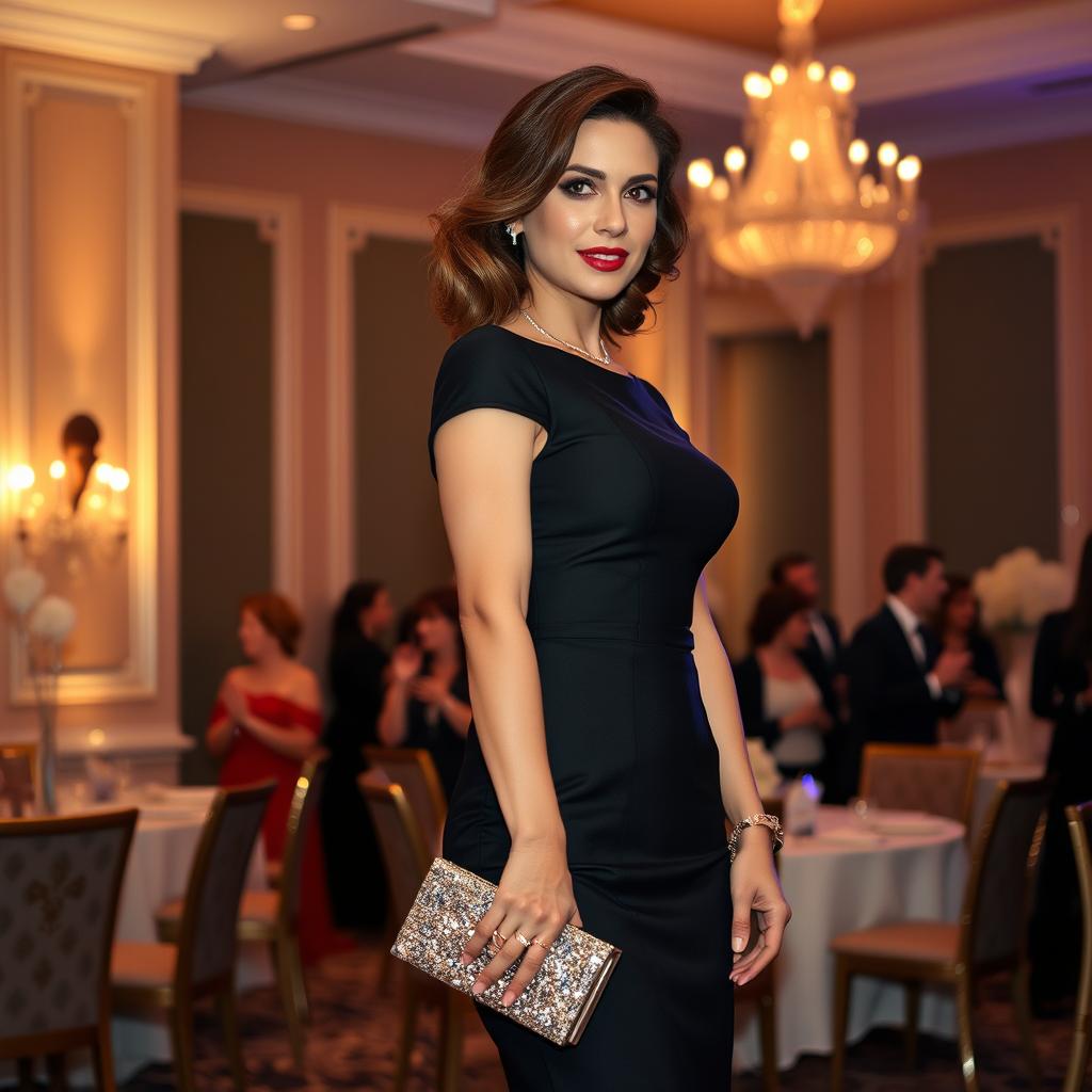 An elegant woman in a classic black cocktail dress, standing confidently at an upscale event