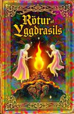 An ancient fantasy book cover, adorned with vibrant colors