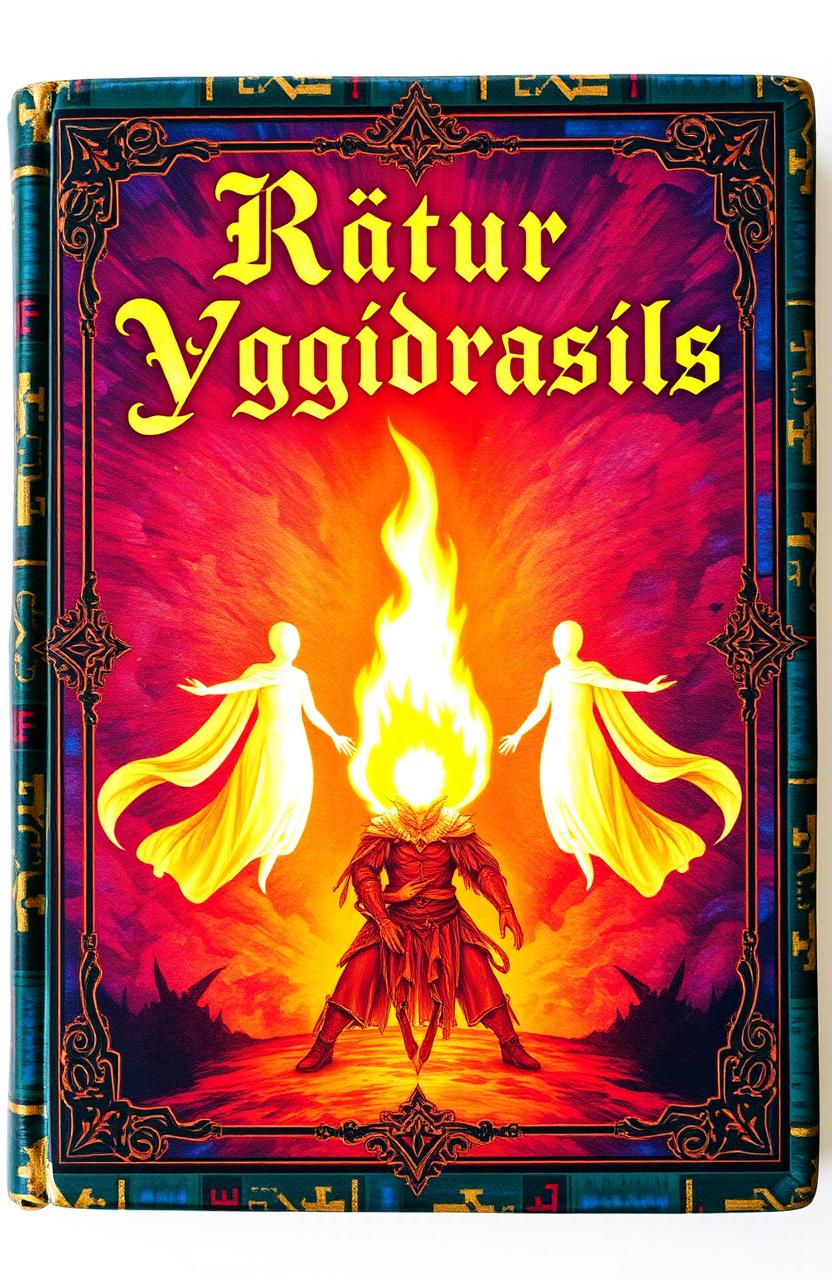 An ancient fantasy book cover, adorned with vibrant colors