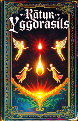 An ancient fantasy book cover, adorned with vibrant colors