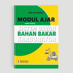 Cover modul A4 yang profesional untuk 'Modul Ajar Sistem Bahan Bakar Karburator', dengan nuansa otomotif menggunakan warna hijau dan kuning yang cerah