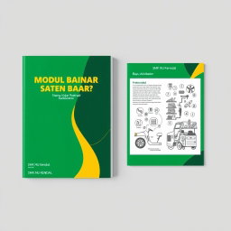 Cover modul A4 yang profesional untuk 'Modul Ajar Sistem Bahan Bakar Karburator', dengan nuansa otomotif menggunakan warna hijau dan kuning yang cerah