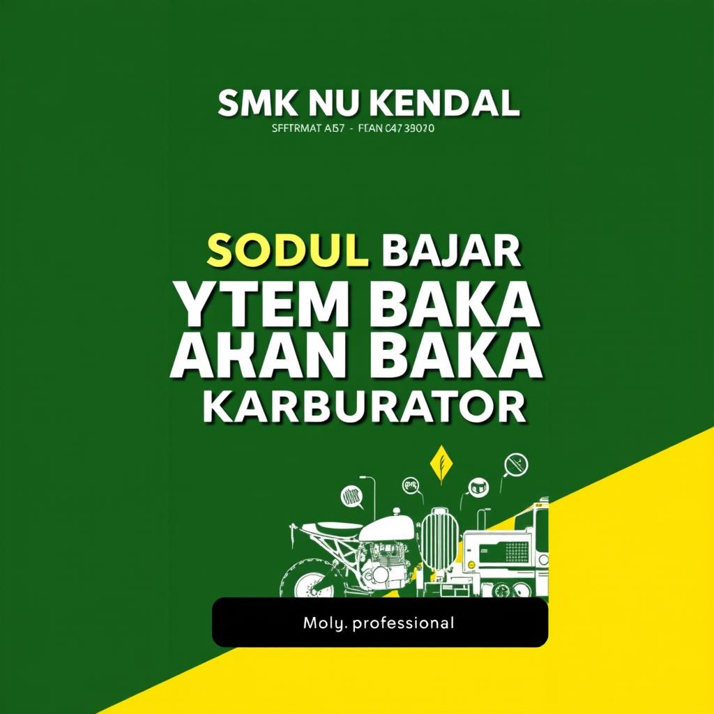 Cover modul A4 yang profesional untuk 'Modul Ajar Sistem Bahan Bakar Karburator', dengan nuansa otomotif menggunakan warna hijau dan kuning yang cerah