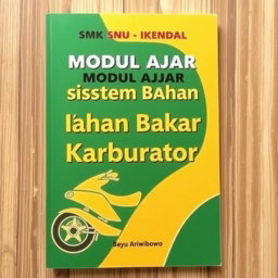 Cover modul A4 yang profesional untuk 'Modul Ajar Sistem Bahan Bakar Karburator', dengan nuansa otomotif menggunakan warna hijau dan kuning yang cerah
