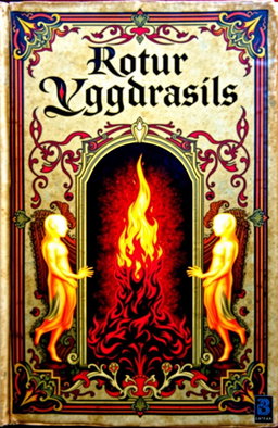 An antique fantasy book cover, richly ornamented with vibrant colors