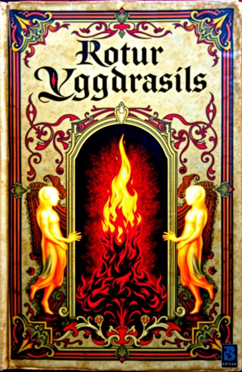 An antique fantasy book cover, richly ornamented with vibrant colors