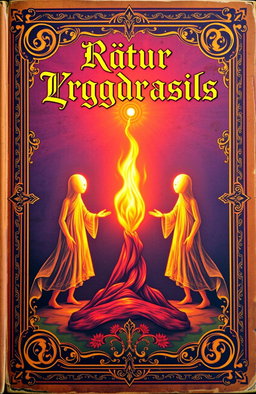 An antique fantasy book cover, richly ornamented with vibrant colors