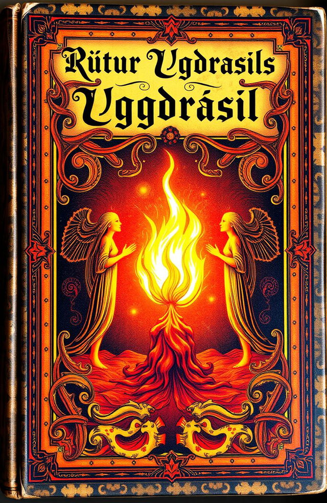 An antique fantasy book cover, richly ornamented with vibrant colors