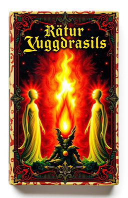 An antique fantasy book cover, richly ornamented with vibrant colors