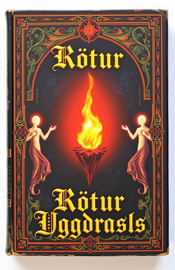 An ancient fantasy book cover, ornately decorated with vibrant colors