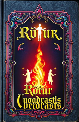 An ancient fantasy book cover, ornately decorated with vibrant colors