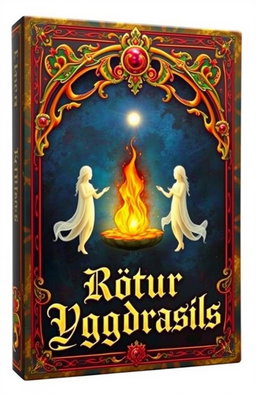An ancient fantasy book cover, ornately decorated with vibrant colors