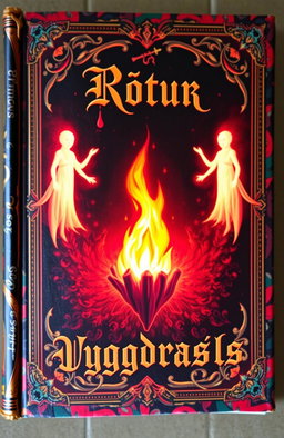 An ancient fantasy book cover, ornately decorated with vibrant colors