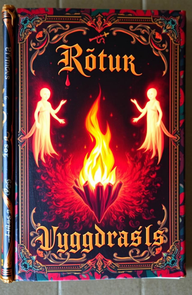 An ancient fantasy book cover, ornately decorated with vibrant colors