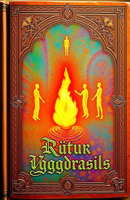 An ancient fantasy book cover, ornately designed with vibrant colors