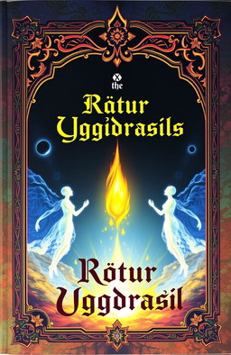 An ancient fantasy book cover, ornately designed with vibrant colors