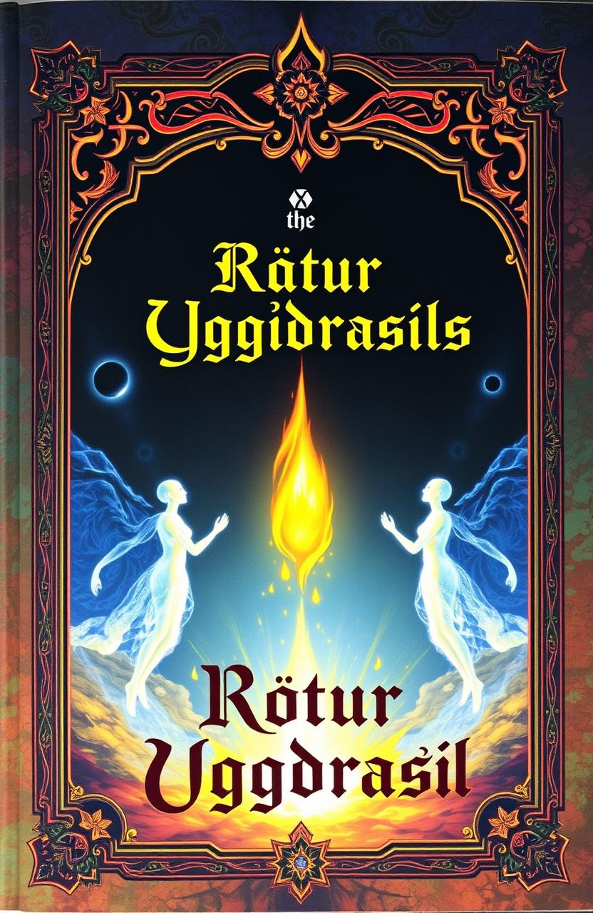 An ancient fantasy book cover, ornately designed with vibrant colors