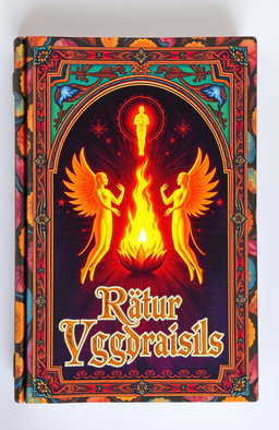 An ancient fantasy book cover, ornately designed with vibrant colors