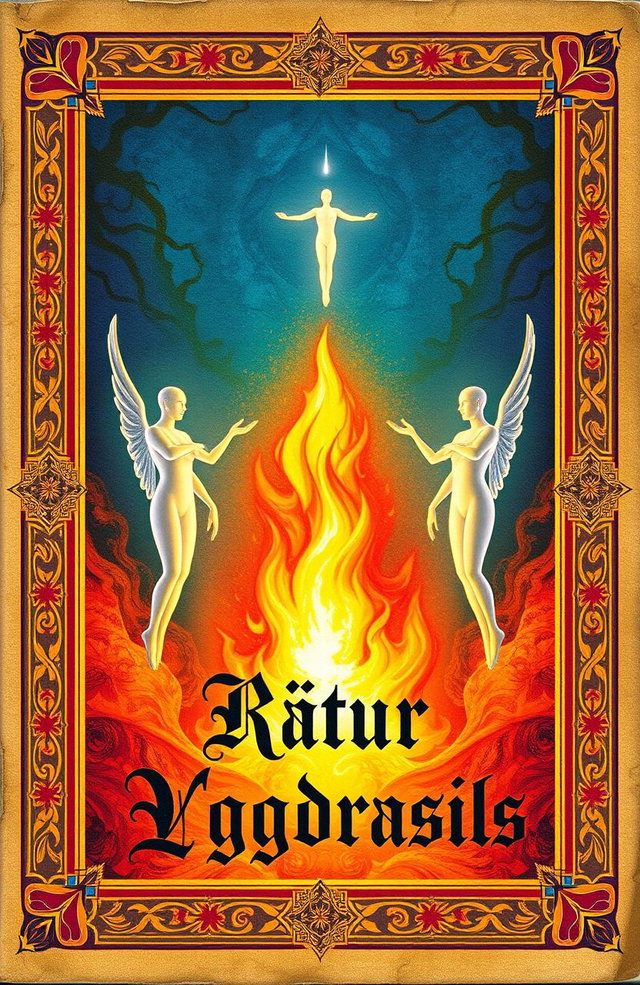 An ancient fantasy book cover, ornately designed with vibrant colors