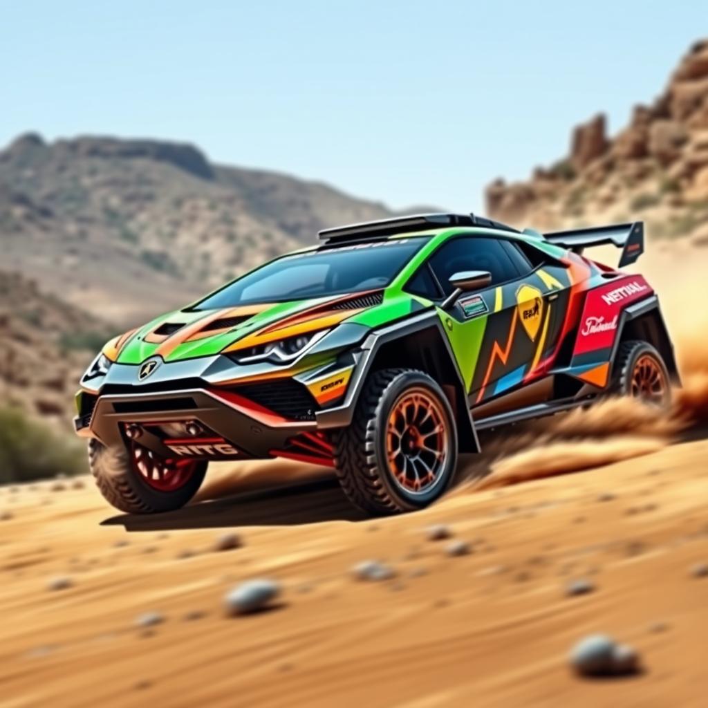 A striking Lamborghini Revuelto rally car, designed for off-road racing, showcasing its aggressive aerodynamic features and vibrant, eye-catching colors