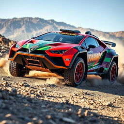 A striking Lamborghini Revuelto rally car, designed for off-road racing, showcasing its aggressive aerodynamic features and vibrant, eye-catching colors
