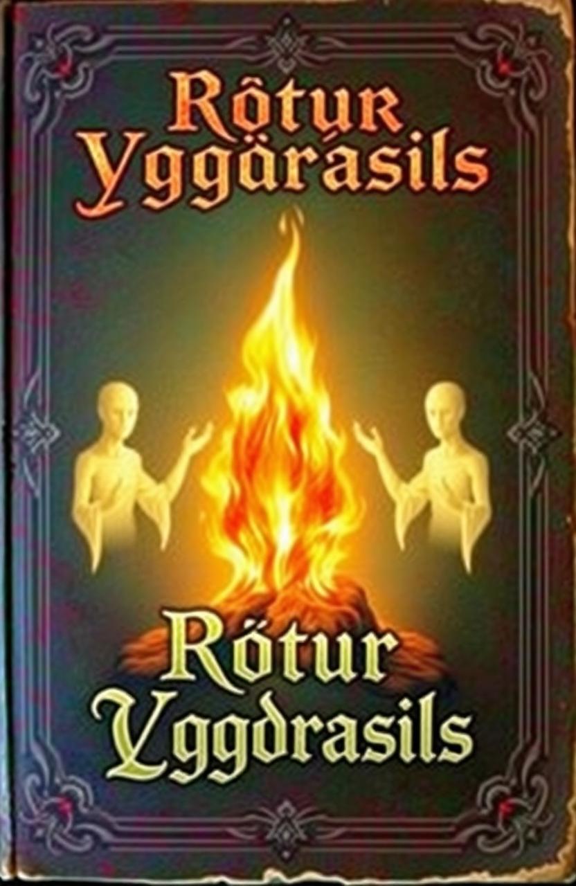 An antique fantasy book cover, adorned with vibrant colors, featuring a central flame of fire surrounded by three faceless, human-like figures made of light