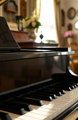 A close-up view of a grand piano, showcasing its glossy black finish and intricate details