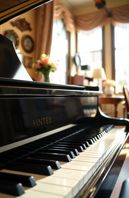 A close-up view of a grand piano, showcasing its glossy black finish and intricate details