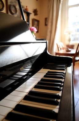 A close-up view of a grand piano, showcasing its glossy black finish and intricate details