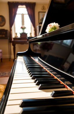 A close-up view of a grand piano, showcasing its glossy black finish and intricate details