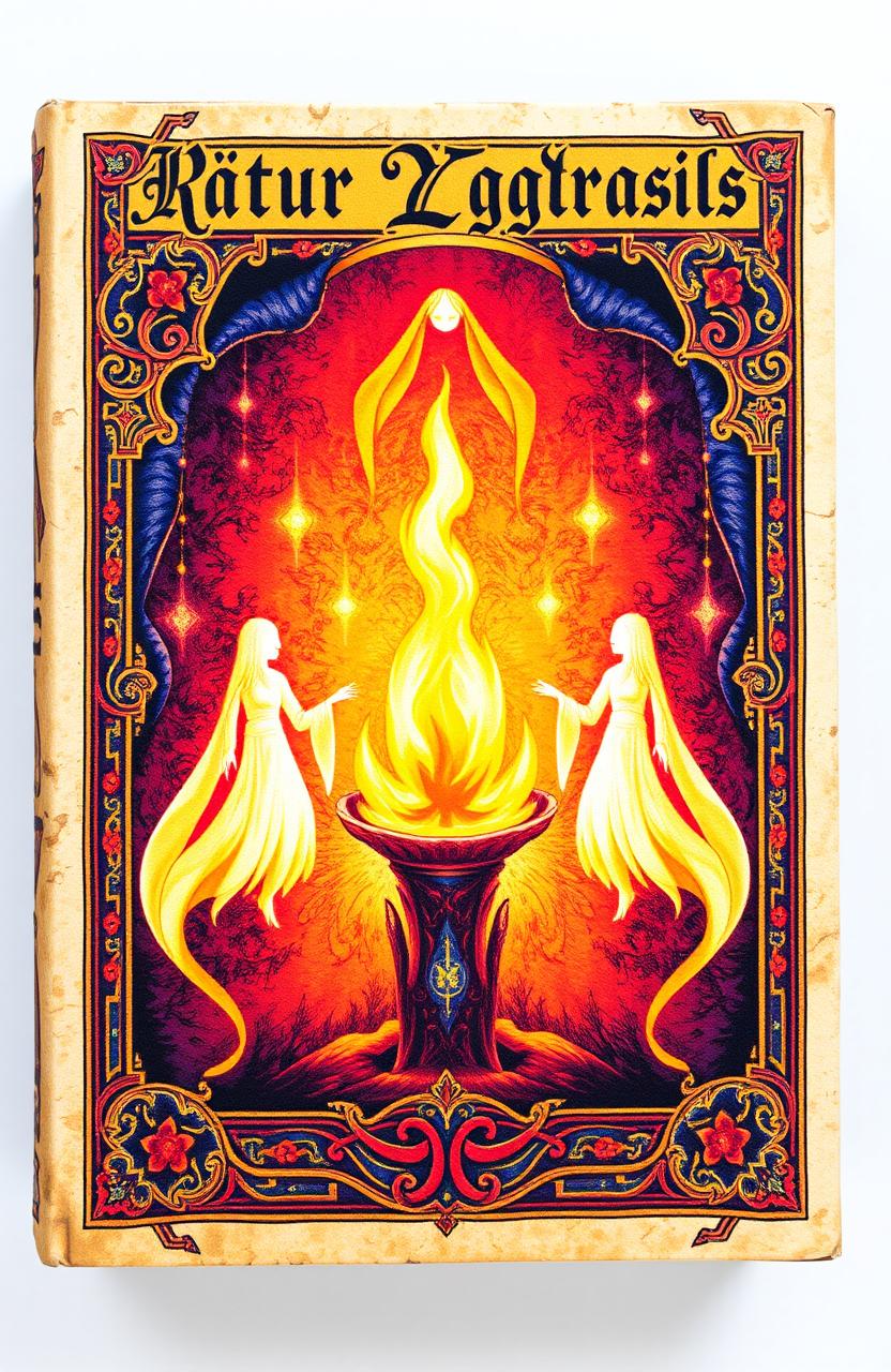 An ancient fantasy book cover beautifully ornamented with vibrant colors