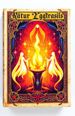 An ancient fantasy book cover beautifully ornamented with vibrant colors
