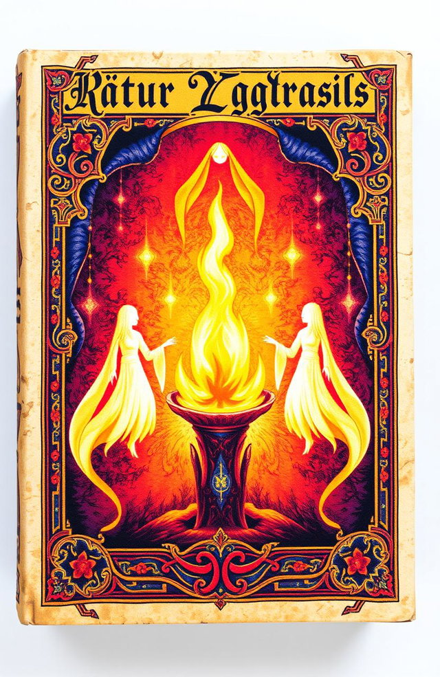 An ancient fantasy book cover beautifully ornamented with vibrant colors