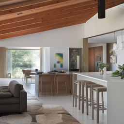 A contemporary styled living room seamlessly transitioning into a dining area and kitchen, decorated with modern furnishings and natural light.